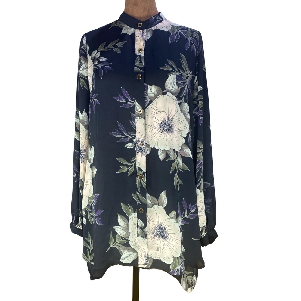 Tahari‎ Womens Black Floral Print High Low Button Down Tunic Blouse Top longline